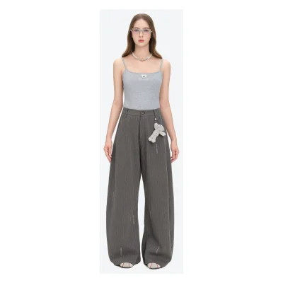 13DE MARZO Curved-Hem Stripe Rhinestone Trousers Grey