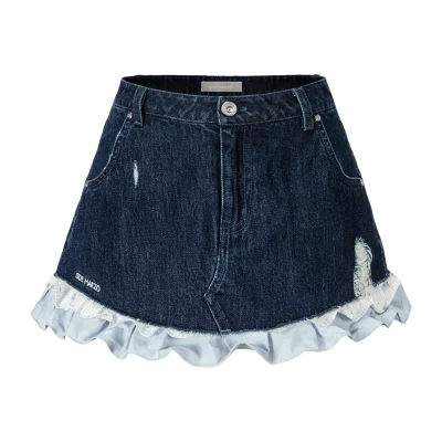 13DE MARZO Two-piece Style Smocked Denim Skirt Navy Blue