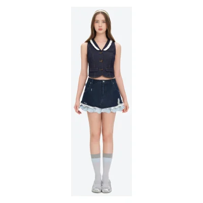 13DE MARZO Two-piece Style Smocked Denim Skirt Navy Blue
