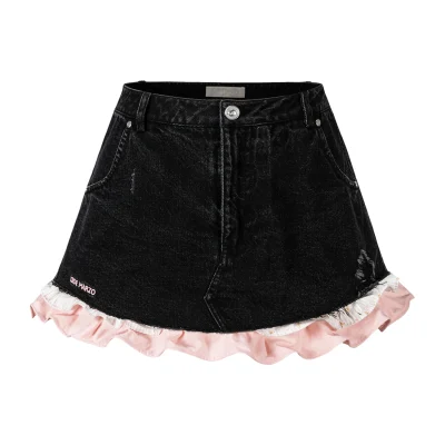 13DE MARZO Two-piece Style Smocked Denim Skirt Black