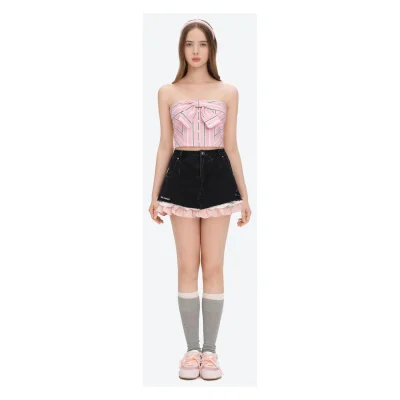 13DE MARZO Two-piece Style Smocked Denim Skirt Black