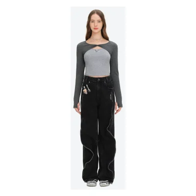 13DE MARZO Knitted Lace-Up Two-Piece Long Sleeve Set Dark Grey