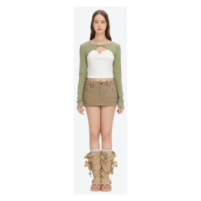 13DE MARZO Knitted Lace-Up Two-Piece Long Sleeve Set Green