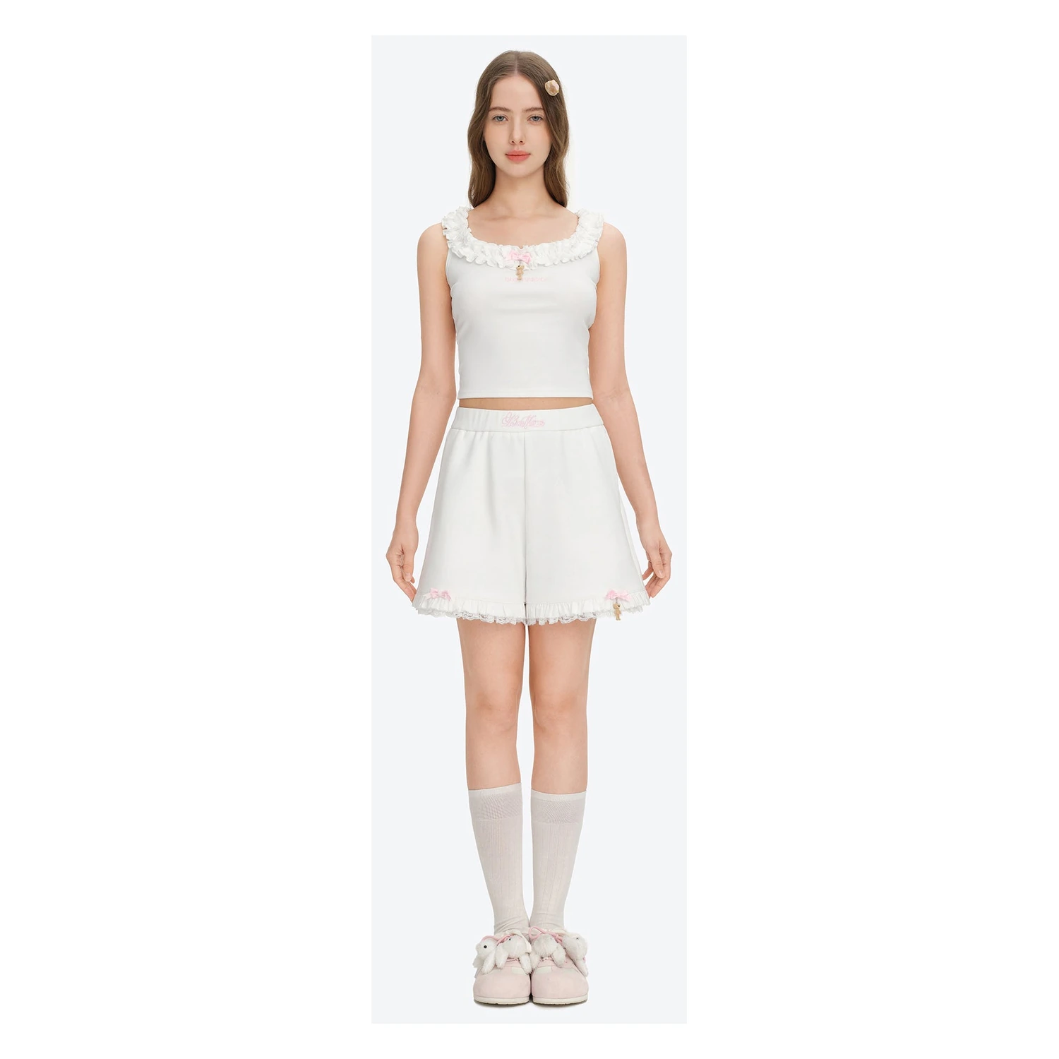13DE MARZO Lace Trim Crop Sweatpants White - Image 2