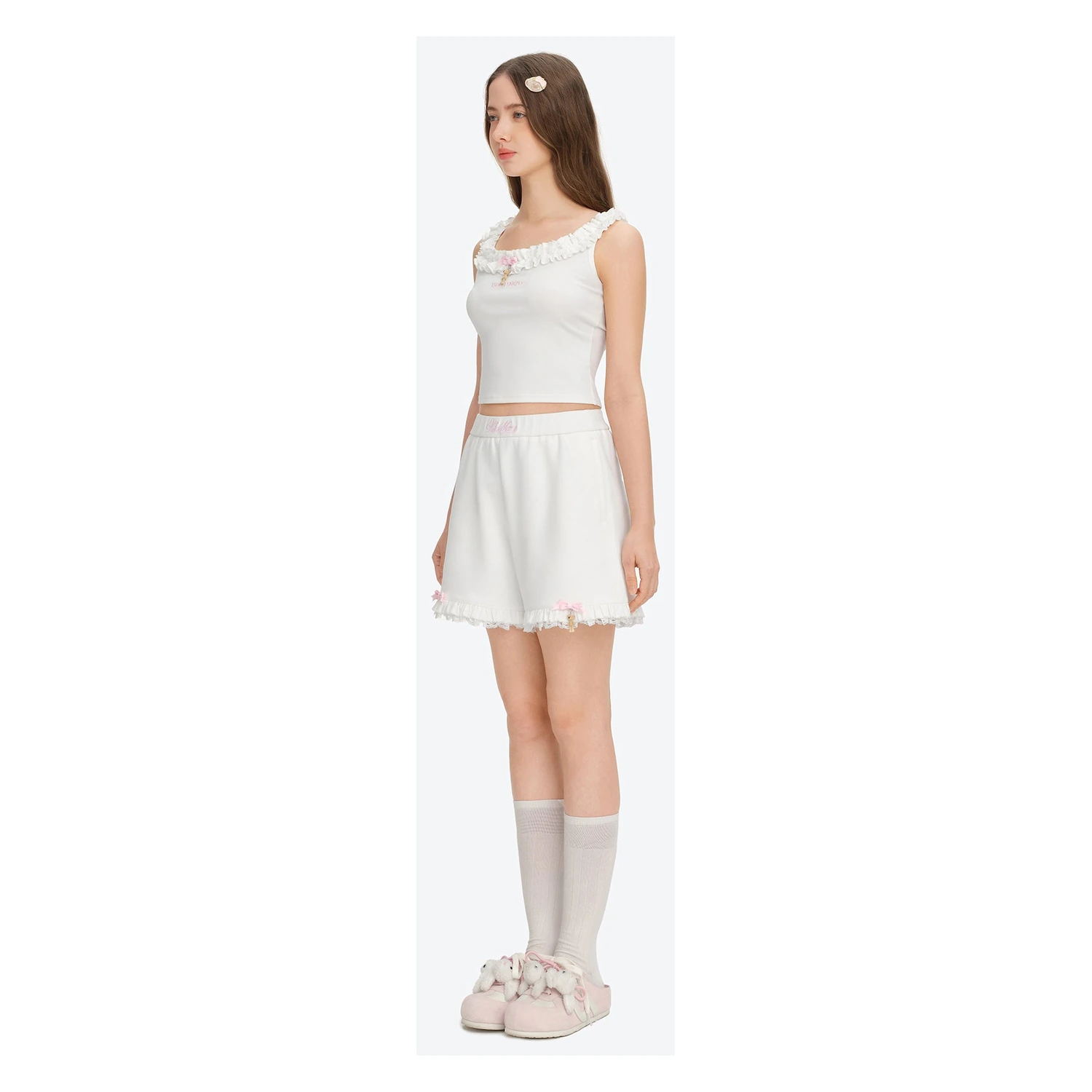 13DE MARZO Lace Trim Crop Sweatpants White - Image 3