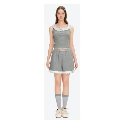 13DE MARZO Lace Trim Crop Sweatpants Grey