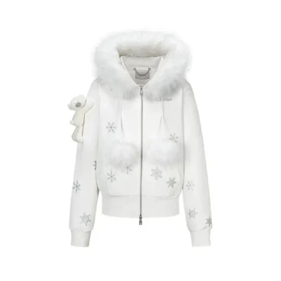 13DE MARZO Shimmer Snow Bear Zip Hoodie White