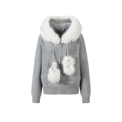 13DE MARZO Pom-pom Bear Fur Collar Knit Sweater Grey