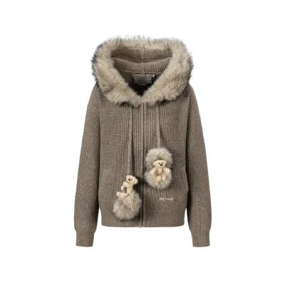 13DE MARZO Pom-pom Bear Fur Collar Knit Sweater Khaki