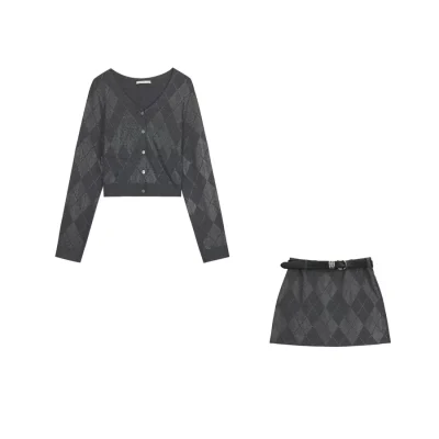 REVAN Argyle Wool-Blend Cardigan & Mini Skirt Set Grey