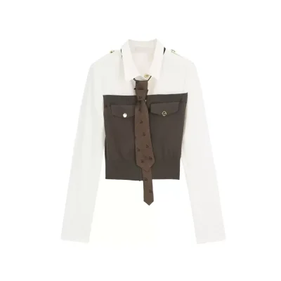 REVAN Vintage Preppy Tie Cropped Shirt White Brown