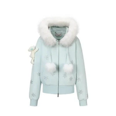 13DE MARZO Shimmer Snow Bear Zip Hoodie Blue