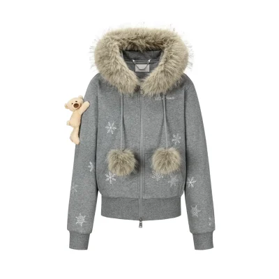 13DE MARZO Shimmer Snow Bear Zip Hoodie Grey