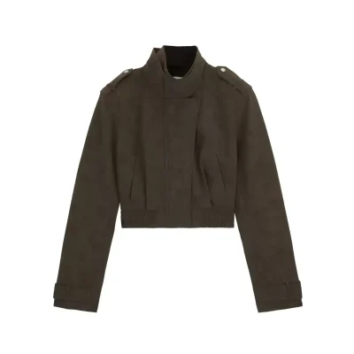 REVAN Army Green Suede Butterfly Collar Cropped Jacket
