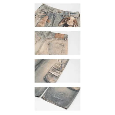 REVAN Vintage Washed Patchwork Cargo Jeans Blue