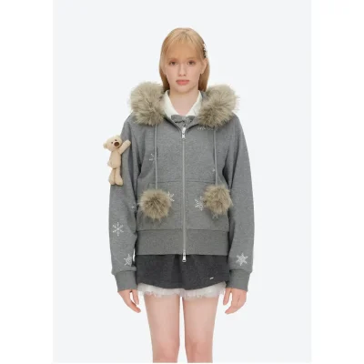 13DE MARZO Shimmer Snow Bear Zip Hoodie Grey