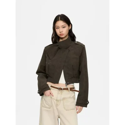 REVAN Army Green Suede Butterfly Collar Cropped Jacket