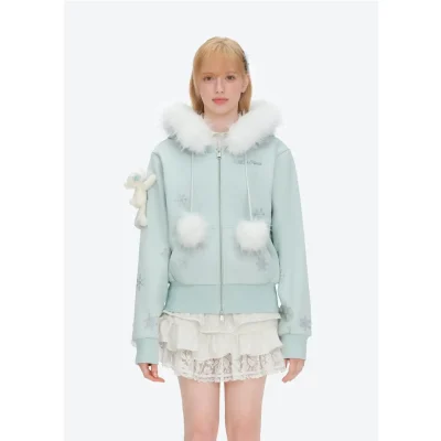 13DE MARZO Shimmer Snow Bear Zip Hoodie Blue