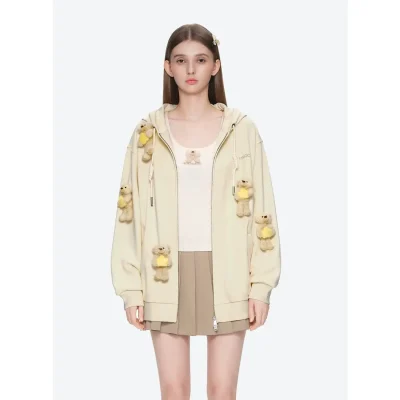 13DE MARZO Lumi Star Bear Zip Hoodie Beige