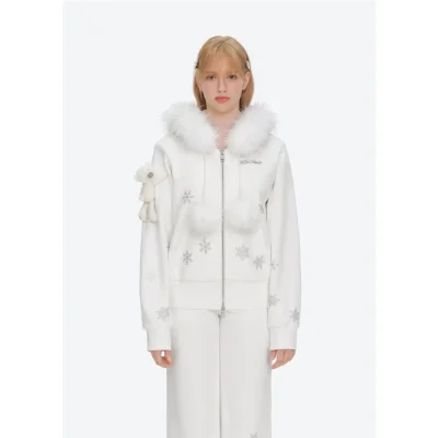 13DE MARZO Shimmer Snow Bear Zip Hoodie White