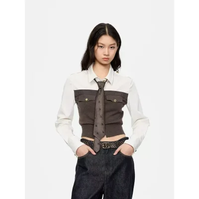 REVAN Vintage Preppy Tie Cropped Shirt White Brown