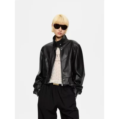 REVAN Blue Label Cropped Moto Faux Leather Jacket Black