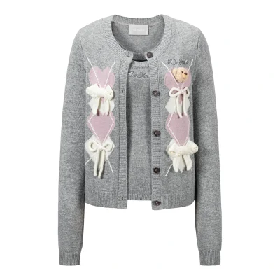 13DE MARZO Bow Bear Knit Cardigan Vest Grey