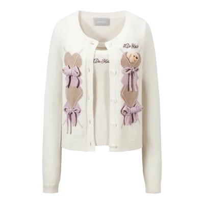 13DE MARZO Bow Bear Knit Cardigan Vest Beige