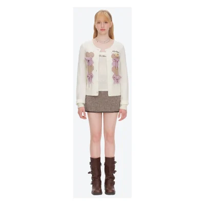 13DE MARZO Bow Bear Knit Cardigan Vest Beige