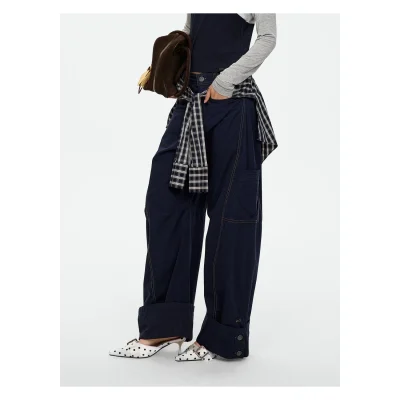REVAN Wide-Leg Cargo Trousers with Checked Waist Overlay