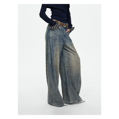 REVAN Washed Wide-Leg Jeans with Contrast Pocket