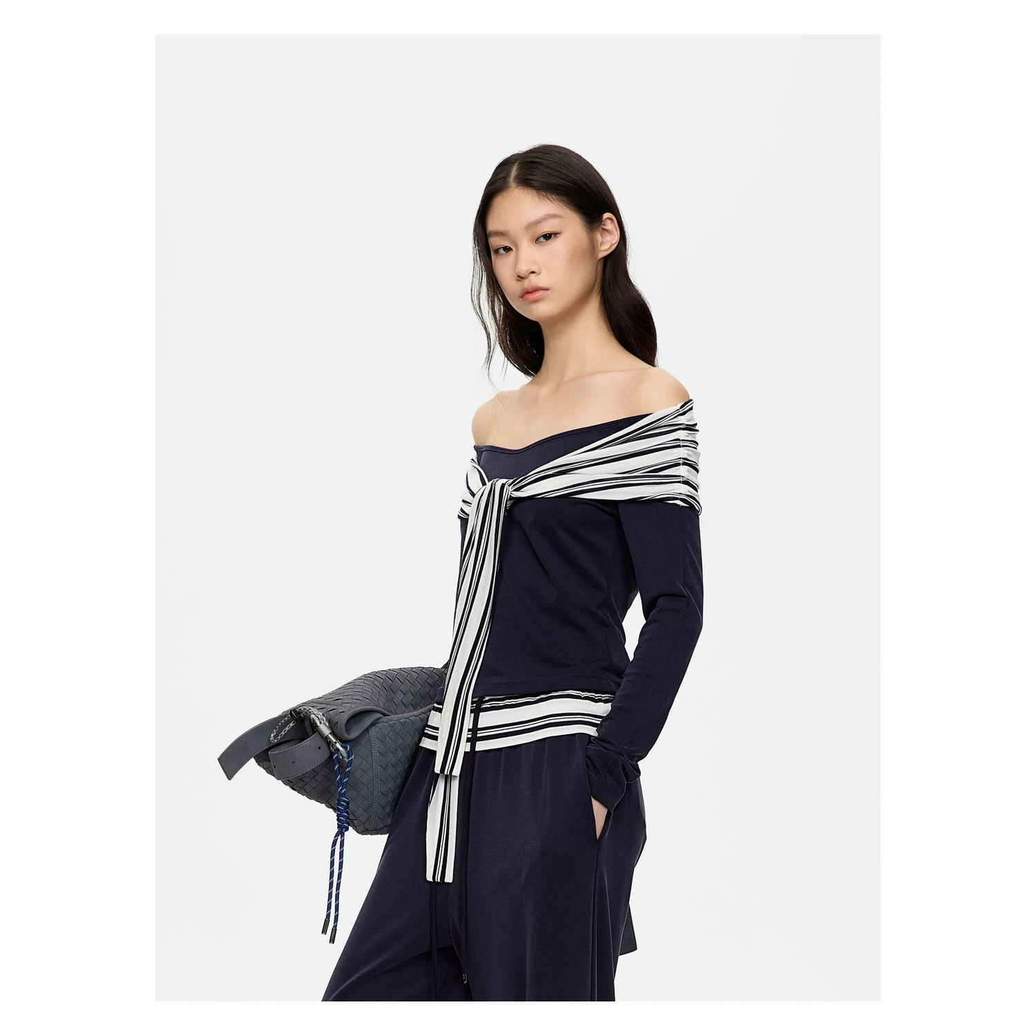 REVAN Off-Shoulder Cropped Top with Striped Shawl