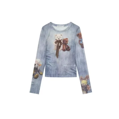 REVAN Teddy Bear Rhinestone Mesh Long Sleeve Top