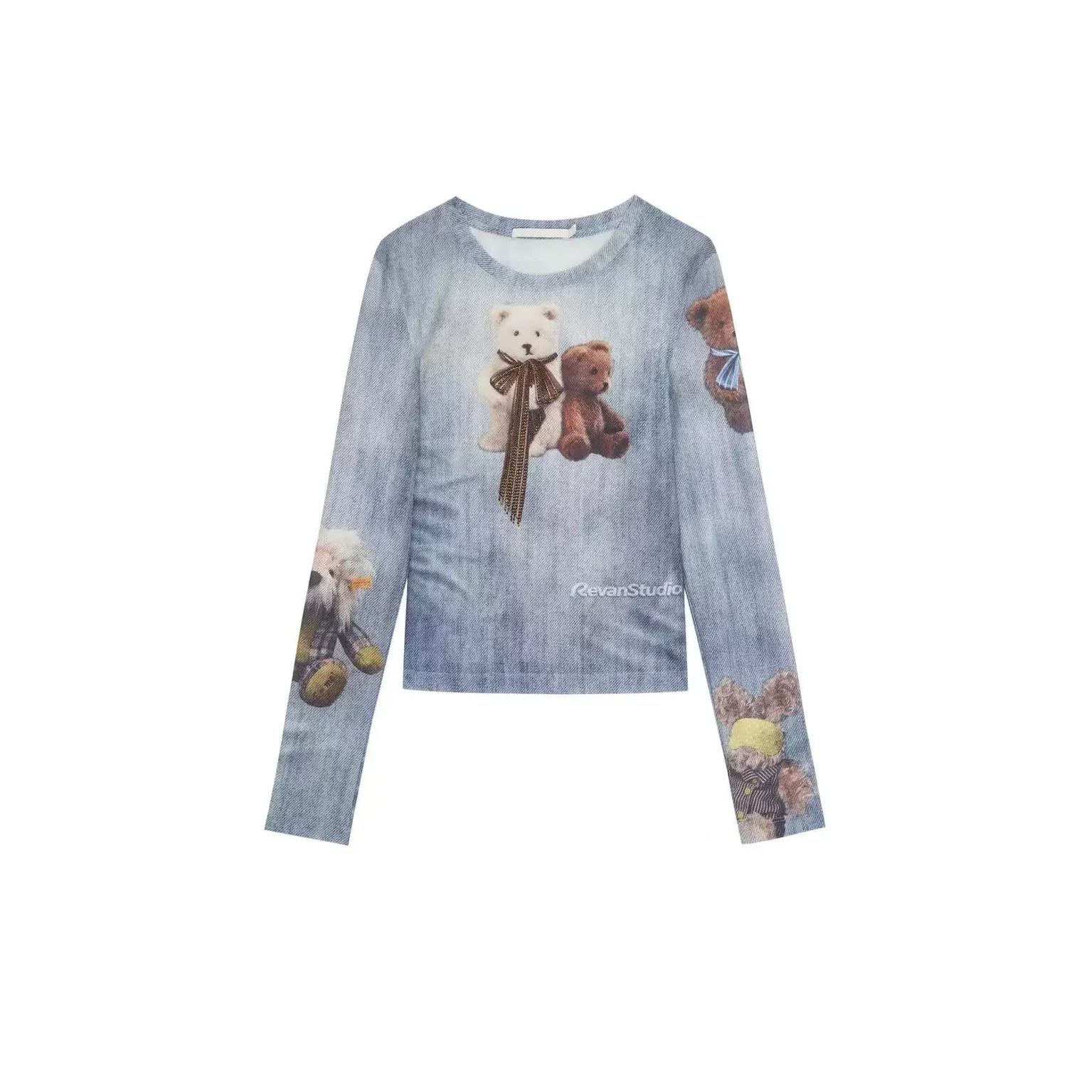 REVAN Teddy Bear Rhinestone Mesh Long Sleeve Top