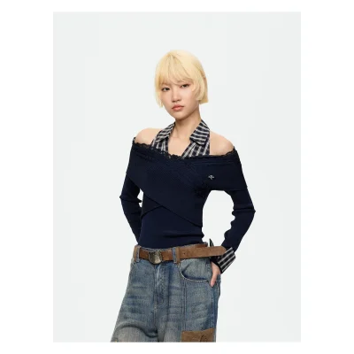 REVAN Off-Shoulder Knit Top with Detachable Checked Collar