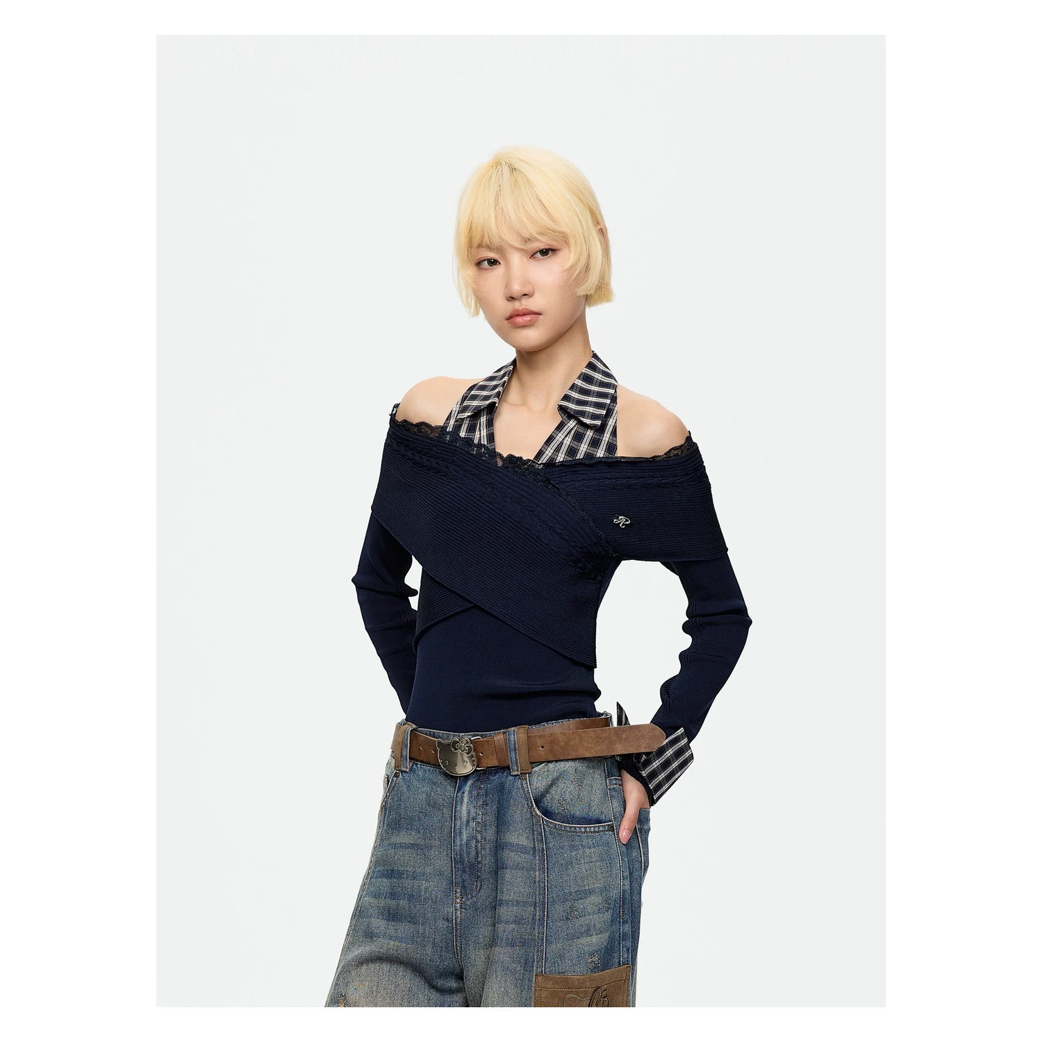 REVAN Off-Shoulder Knit Top with Detachable Checked Collar