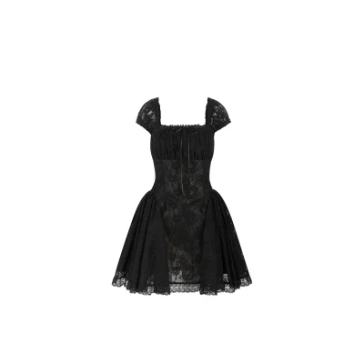 Maison Amory The Black Lace with Skin Mesh Doll-Style Mini Puff Dress Black
