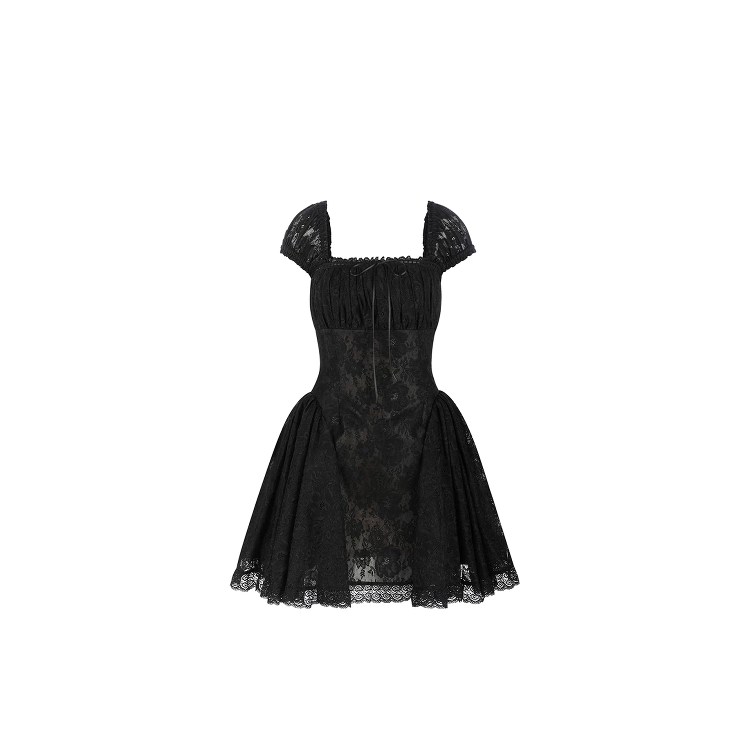 Maison Amory The Black Lace with Skin Mesh Doll-Style Mini Puff Dress Black