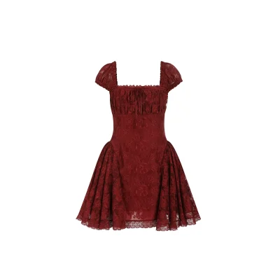 Maison Amory The Ancora Red Lace with Skin Mesh Doll-Style Mini Puff Dress