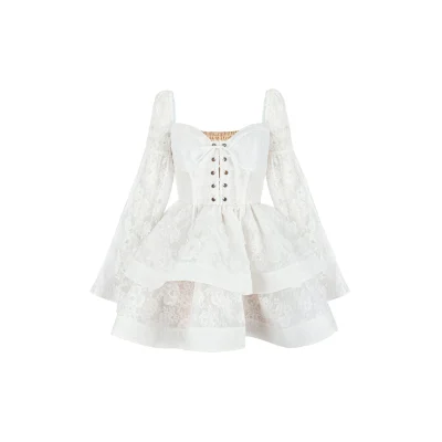Maison Amory The White Satin and Lace Wavy Mini Dress White