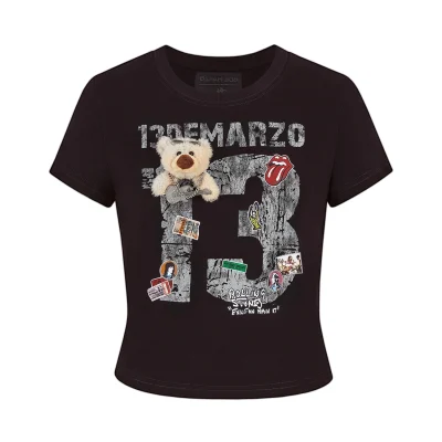 13DE MARZO Rolling Stones Cropped Distressed Tee Black