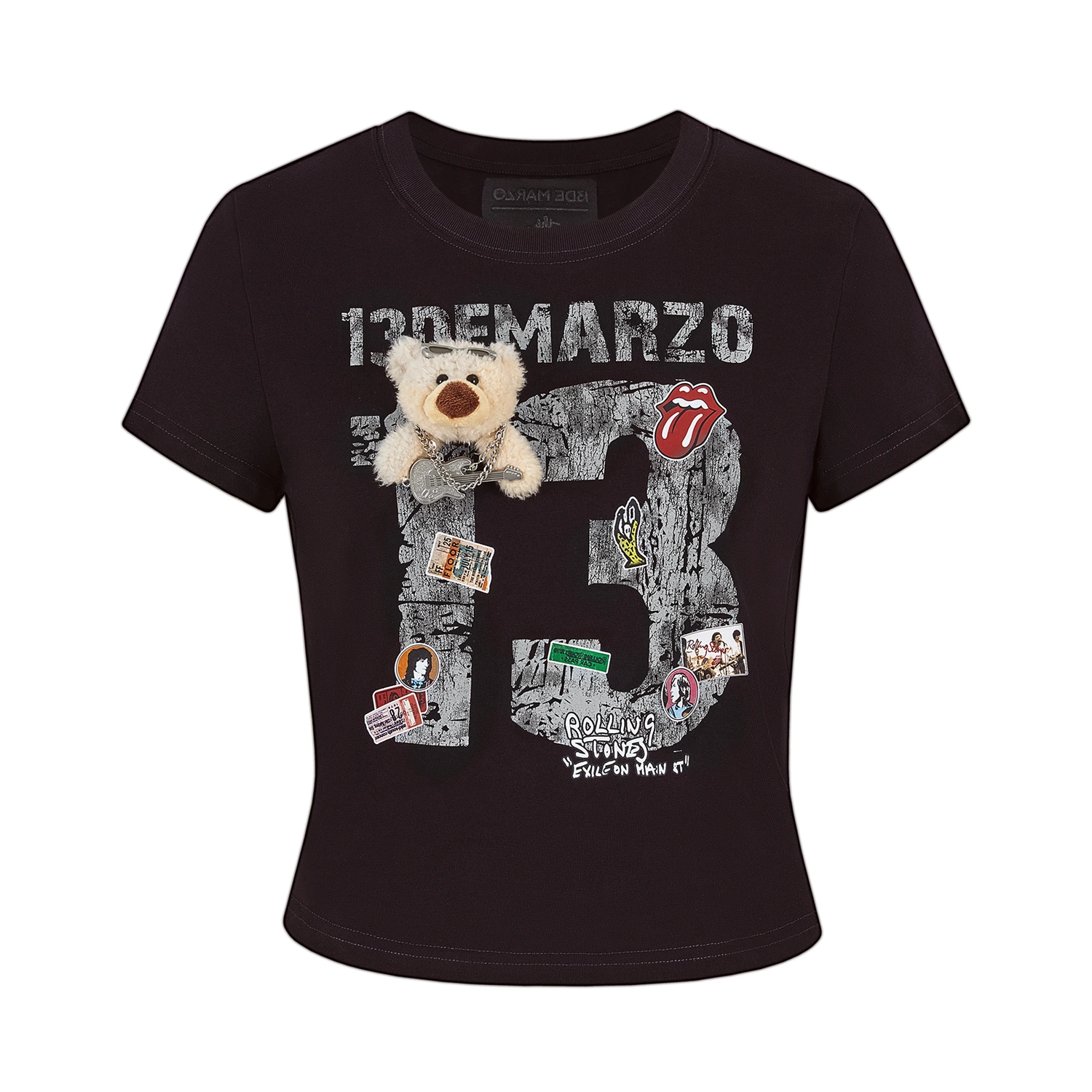 13DE MARZO Rolling Stones Cropped Distressed Tee Black