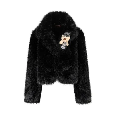 13DE MARZO Rolling Stones Cropped Faux Fur Jacket Black