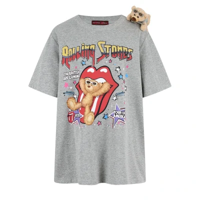 13DE MARZO Rolling Stones Cropped Distressed Tee Grey