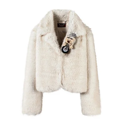 13DE MARZO Rolling Stones Cropped Faux Fur Jacket Beige