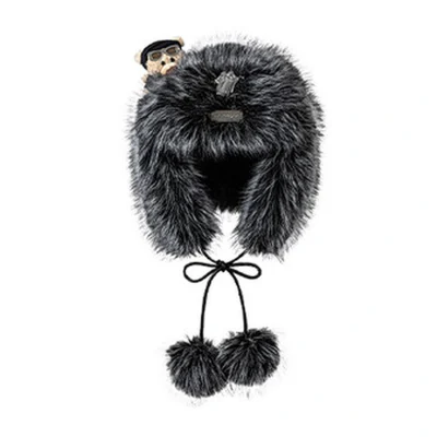 13DE MARZO Rolling Stones Plush Earflap Hat Black