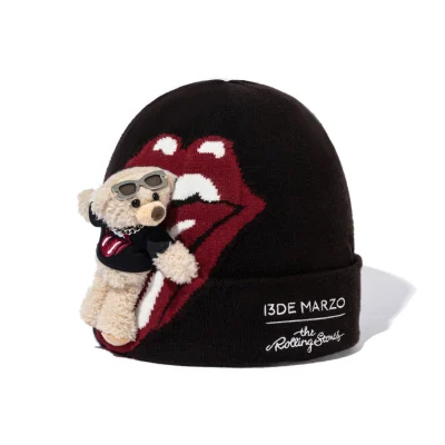 13DE MARZO Rolling Stones Tongue Bear Beanie Black Brown