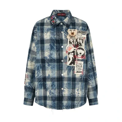 13DE MARZO Rolling Stones Distressed Appliqué Overshirt Blue