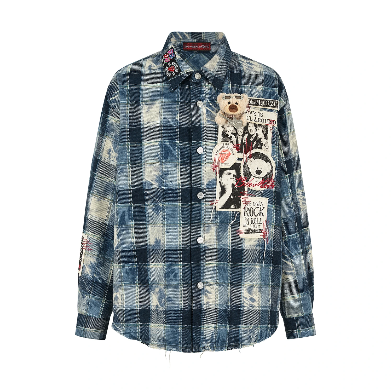 13DE MARZO Rolling Stones Distressed Appliqué Overshirt Blue