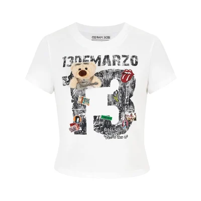 13DE MARZO Rolling Stones Cropped Distressed Tee White